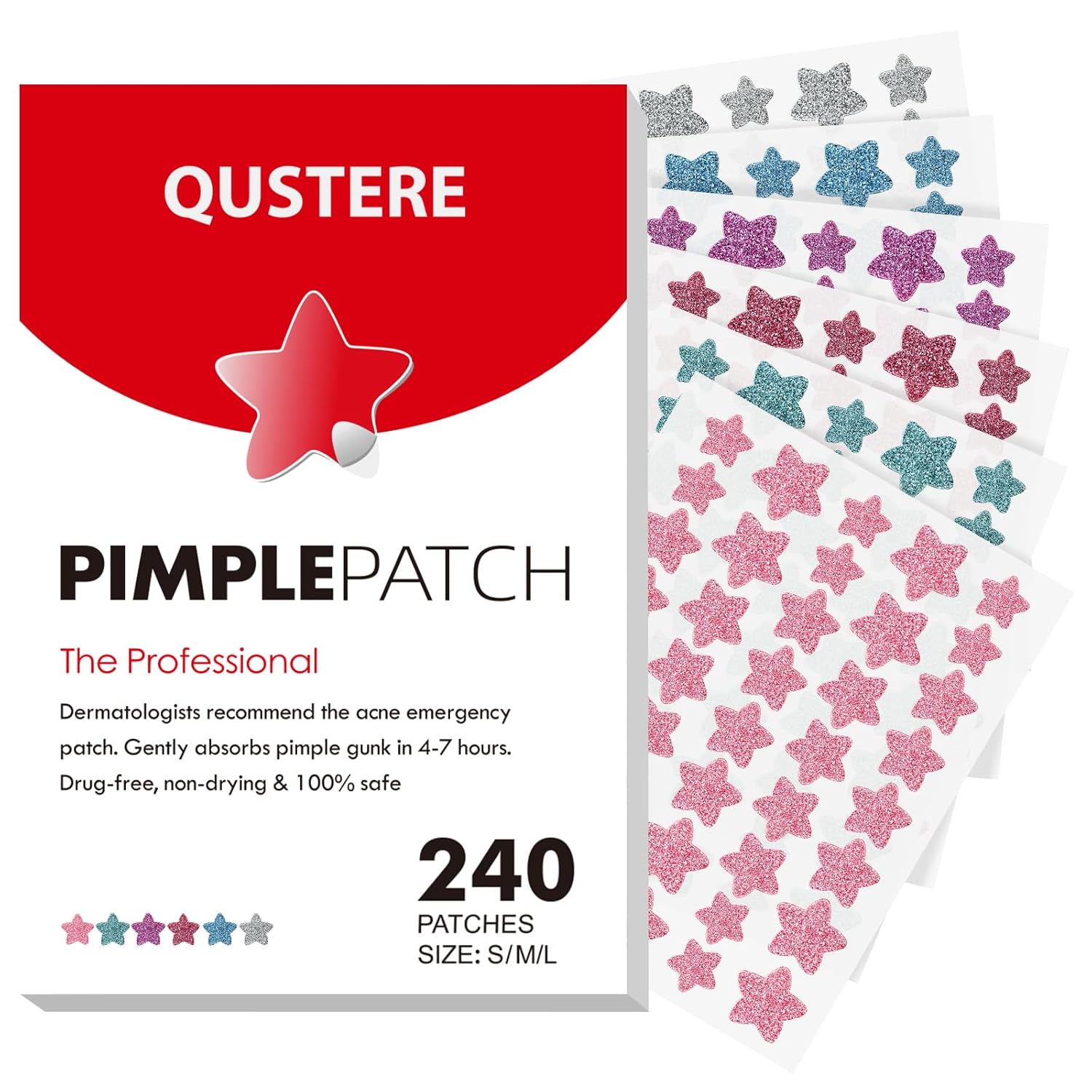 Pimple Patches for Face, Hydrocolloid Acne Patches, Sparkling Star Zit Covers, Colorful Spot Stickers with Tea Tree, Salicylic Acid & Cica Oil| 3 Sizes (10Mm, 12Mm & 14Mm) |240 Count