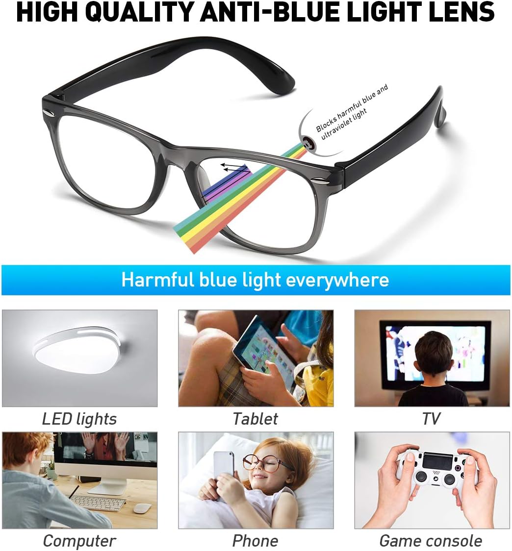 Kids Blue Light Blocking Glasses Girls Boys 2 Pack, Computer Video Gaming Glasses for Kids Girls Boys Age 3-10,Anti Blue Light & Headache (Transparent Black + Transparent)