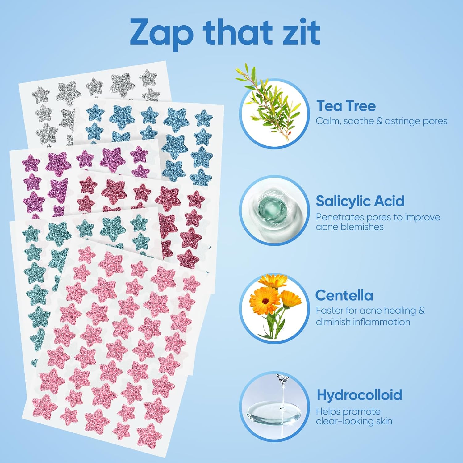 Pimple Patches for Face, Hydrocolloid Acne Patches, Sparkling Star Zit Covers, Colorful Spot Stickers with Tea Tree, Salicylic Acid & Cica Oil| 3 Sizes (10Mm, 12Mm & 14Mm) |240 Count