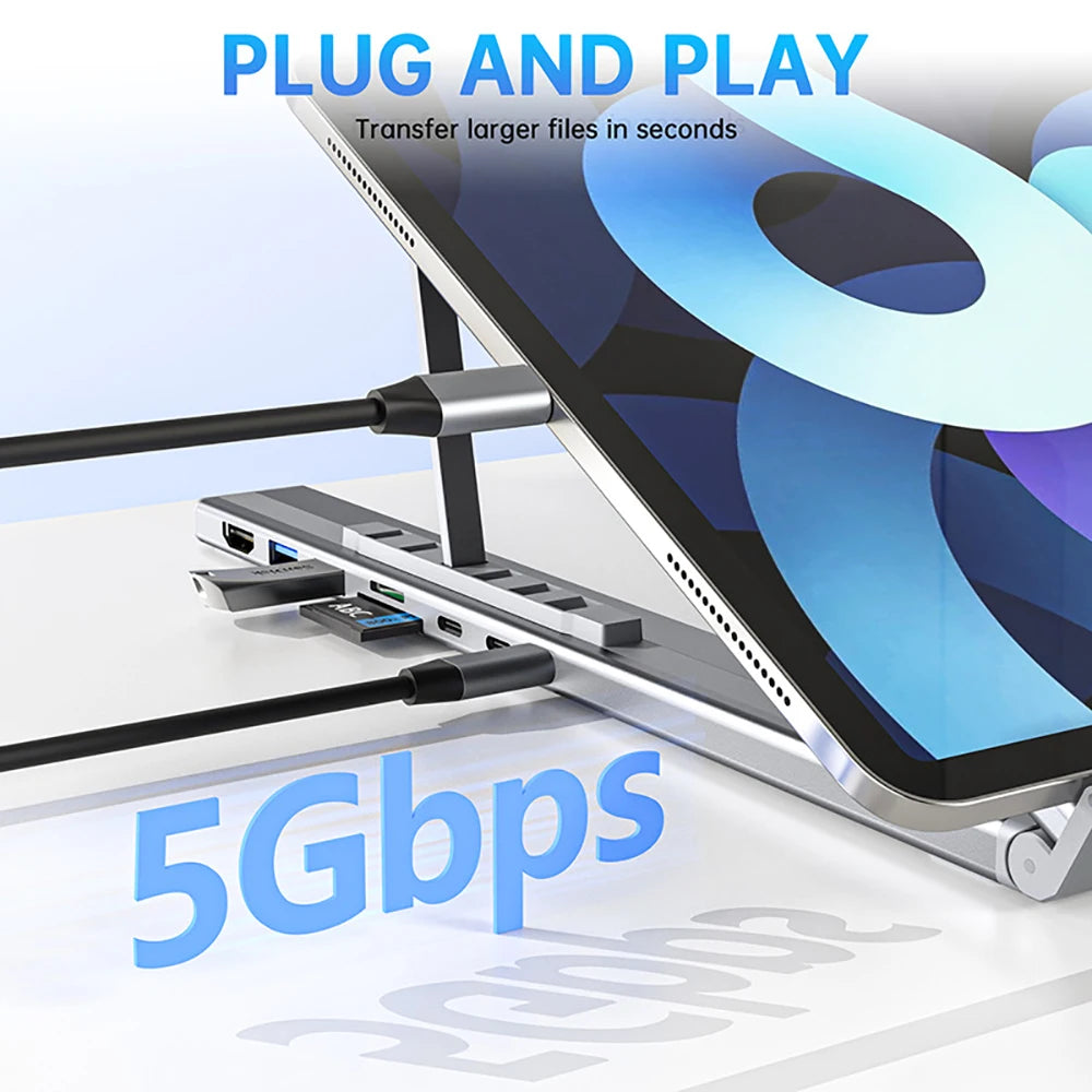 8-In-1 Bracket Docking Station Aluminium Alloy Laptop Holder Hub TYPE-C to HDMI Adapter 4K PD100W USB3.0 5Gbps Hub USB Splitter