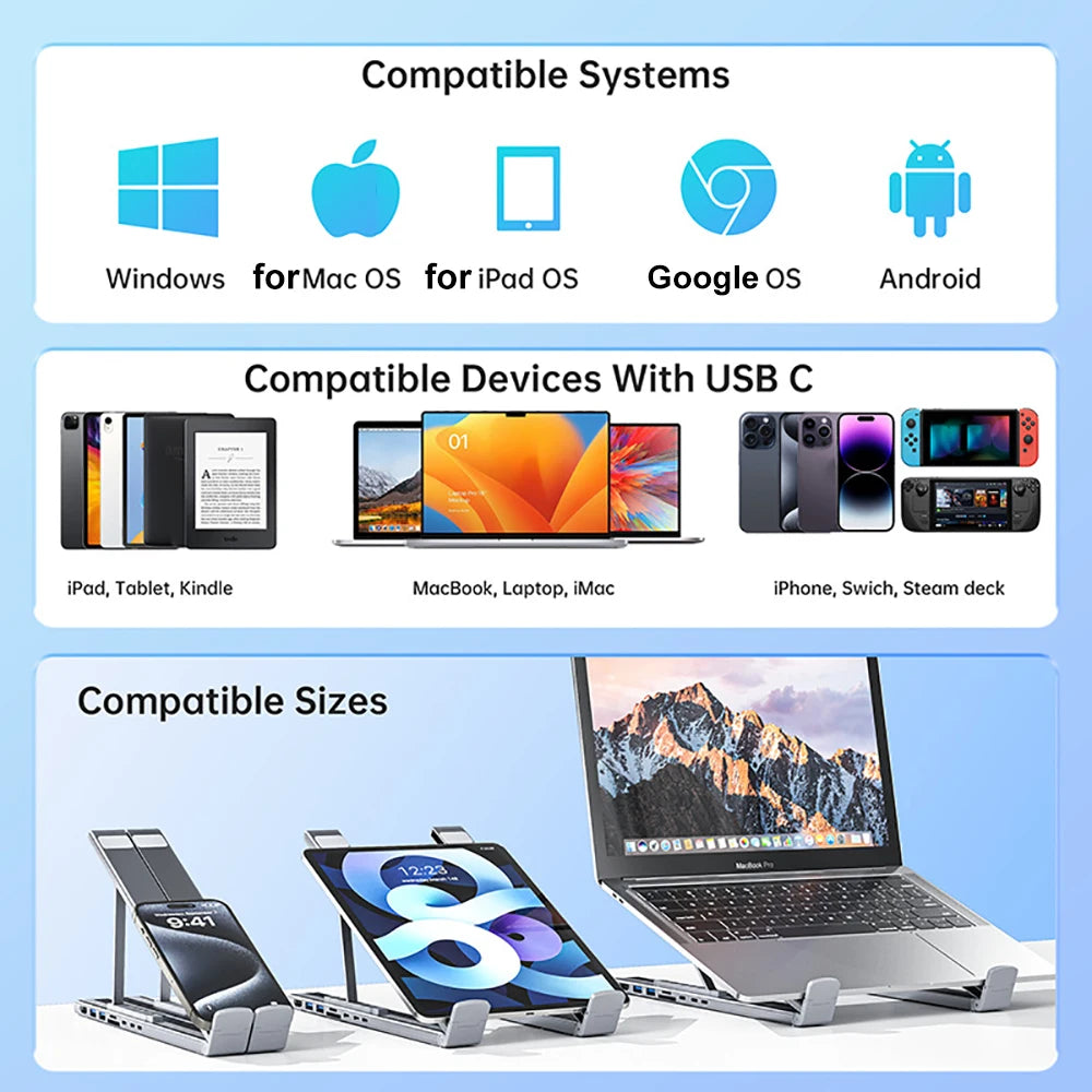 8-In-1 Bracket Docking Station Aluminium Alloy Laptop Holder Hub TYPE-C to HDMI Adapter 4K PD100W USB3.0 5Gbps Hub USB Splitter