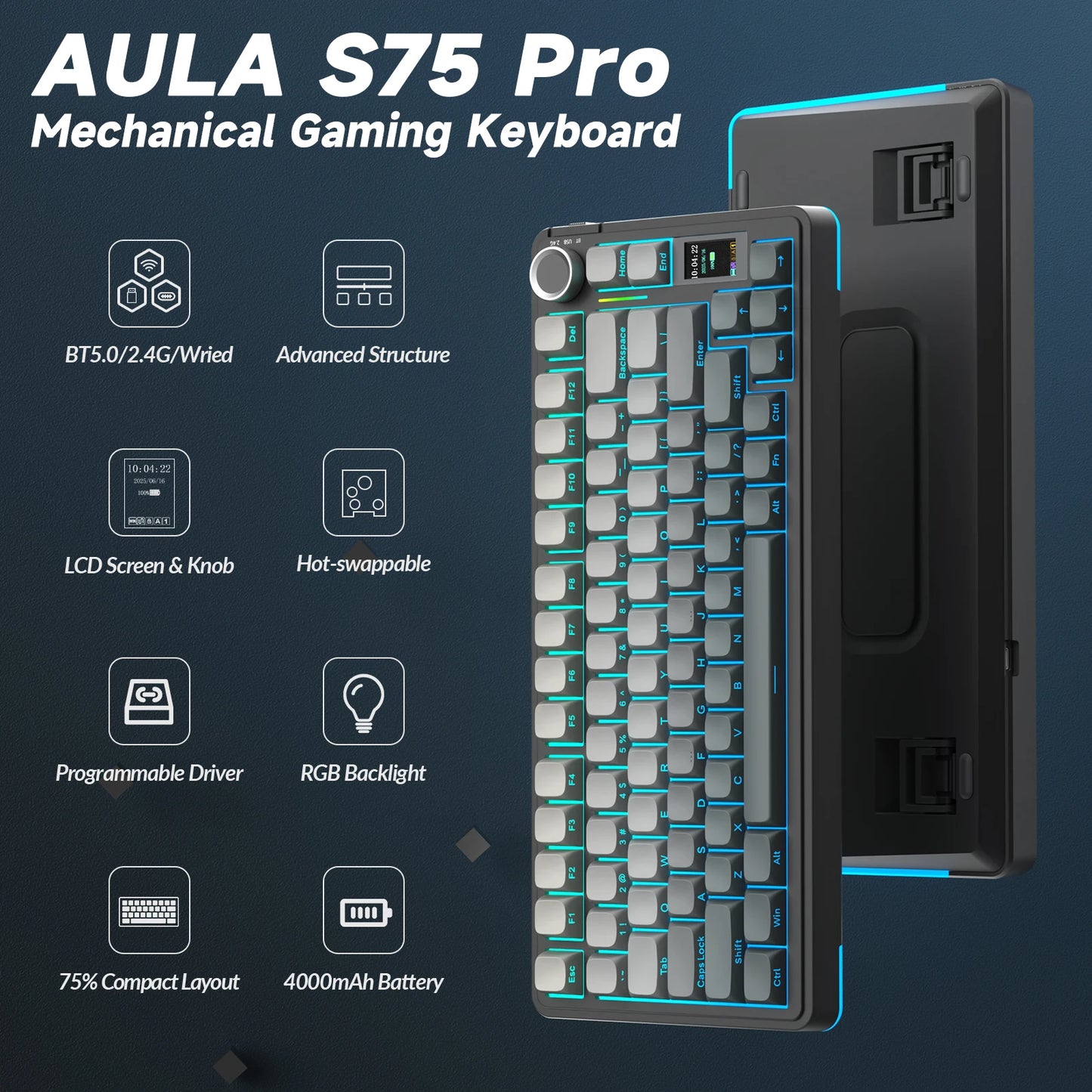 S75Pro Wireless Keyboard Tri-Mode RGB Gaming Keyboard Hot Swap PBT Keycaps with Macro Software