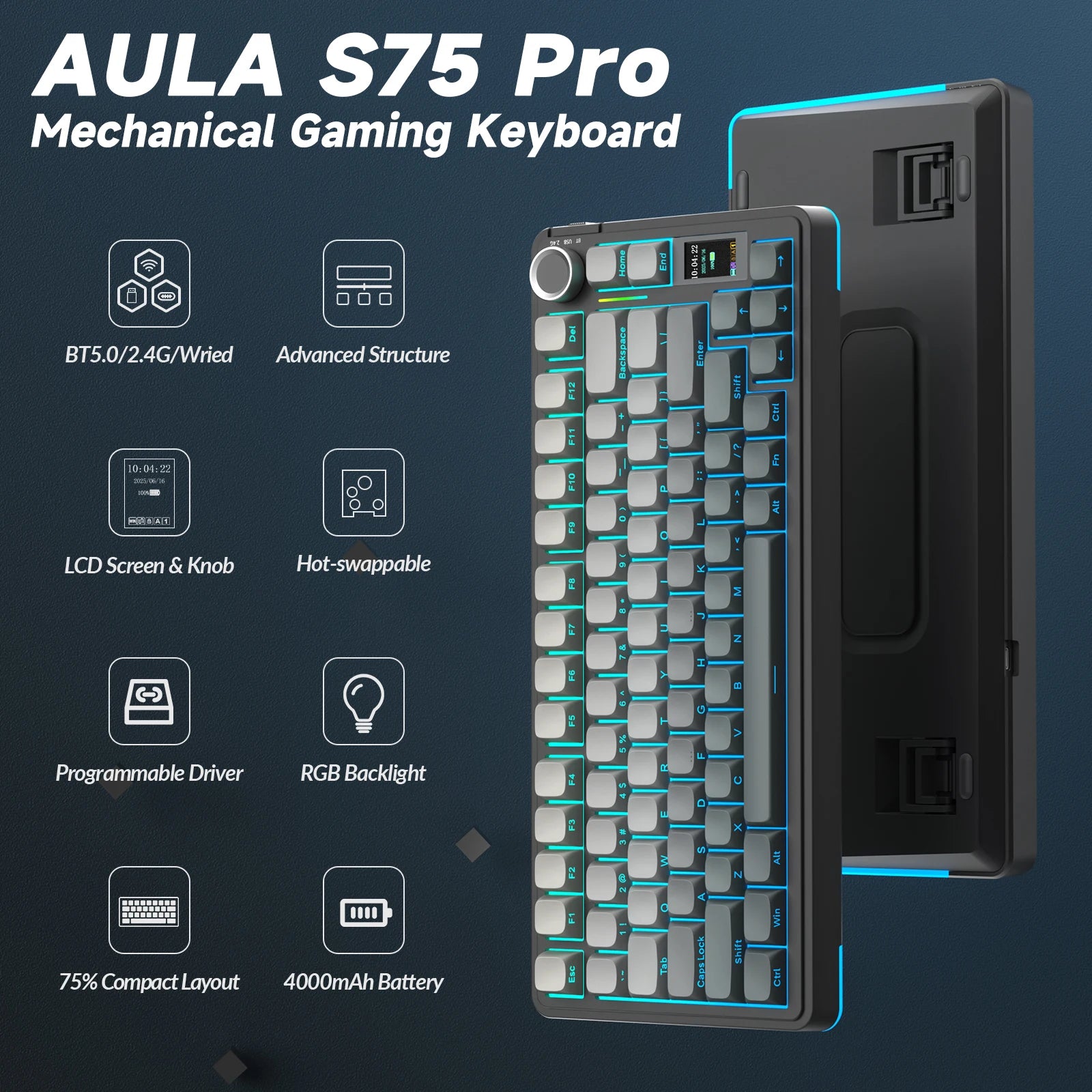 S75Pro Wireless Keyboard Tri-Mode RGB Gaming Keyboard Hot Swap PBT Keycaps with Macro Software