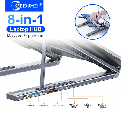 8-In-1 Bracket Docking Station Aluminium Alloy Laptop Holder Hub TYPE-C to HDMI Adapter 4K PD100W USB3.0 5Gbps Hub USB Splitter