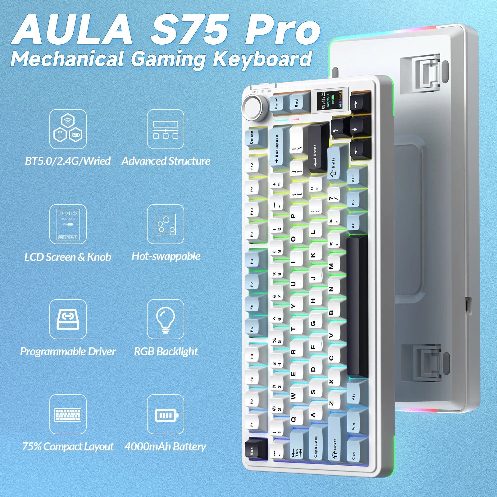 S75Pro Wireless Keyboard Tri-Mode RGB Gaming Keyboard Hot Swap PBT Keycaps with Macro Software