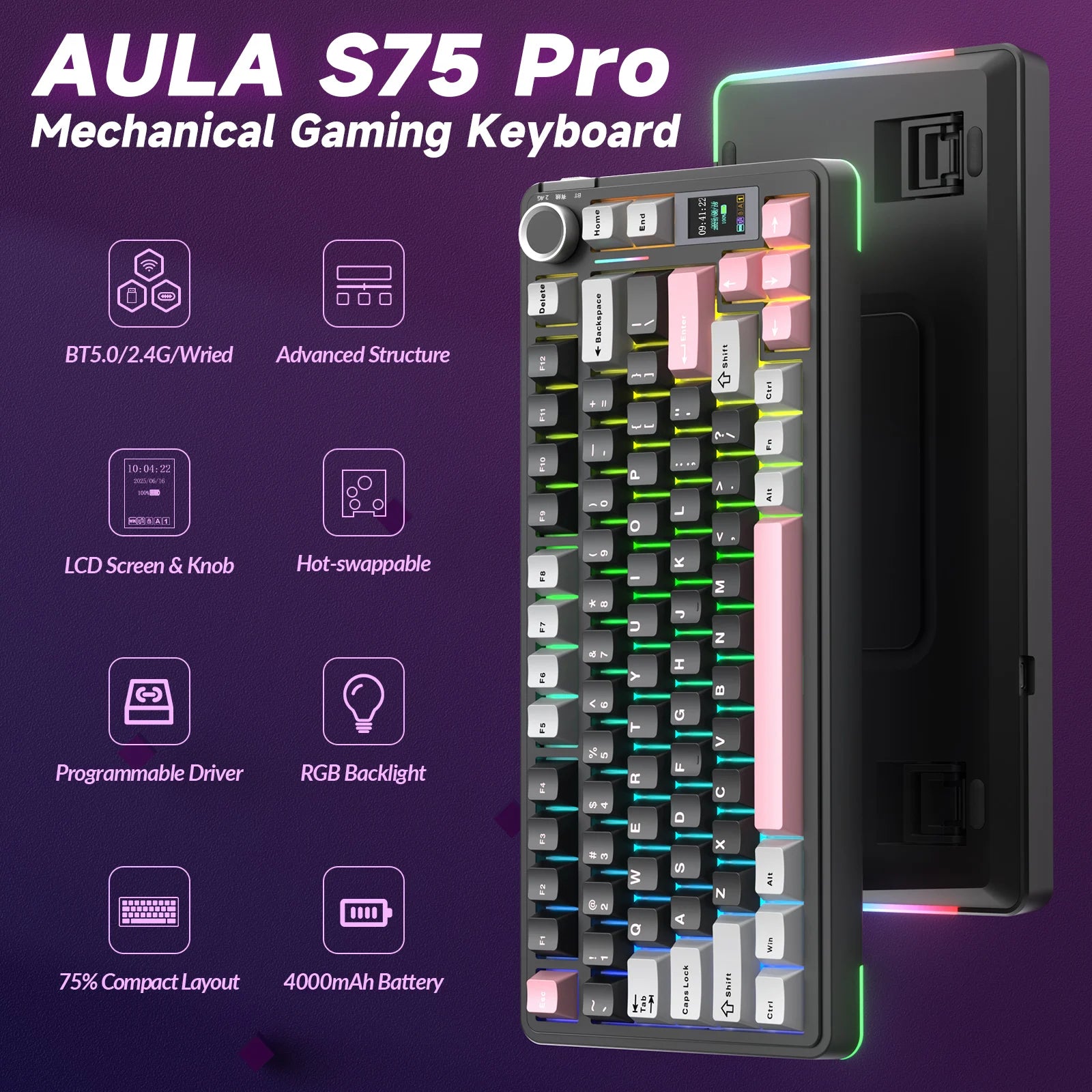 S75Pro Wireless Keyboard Tri-Mode RGB Gaming Keyboard Hot Swap PBT Keycaps with Macro Software