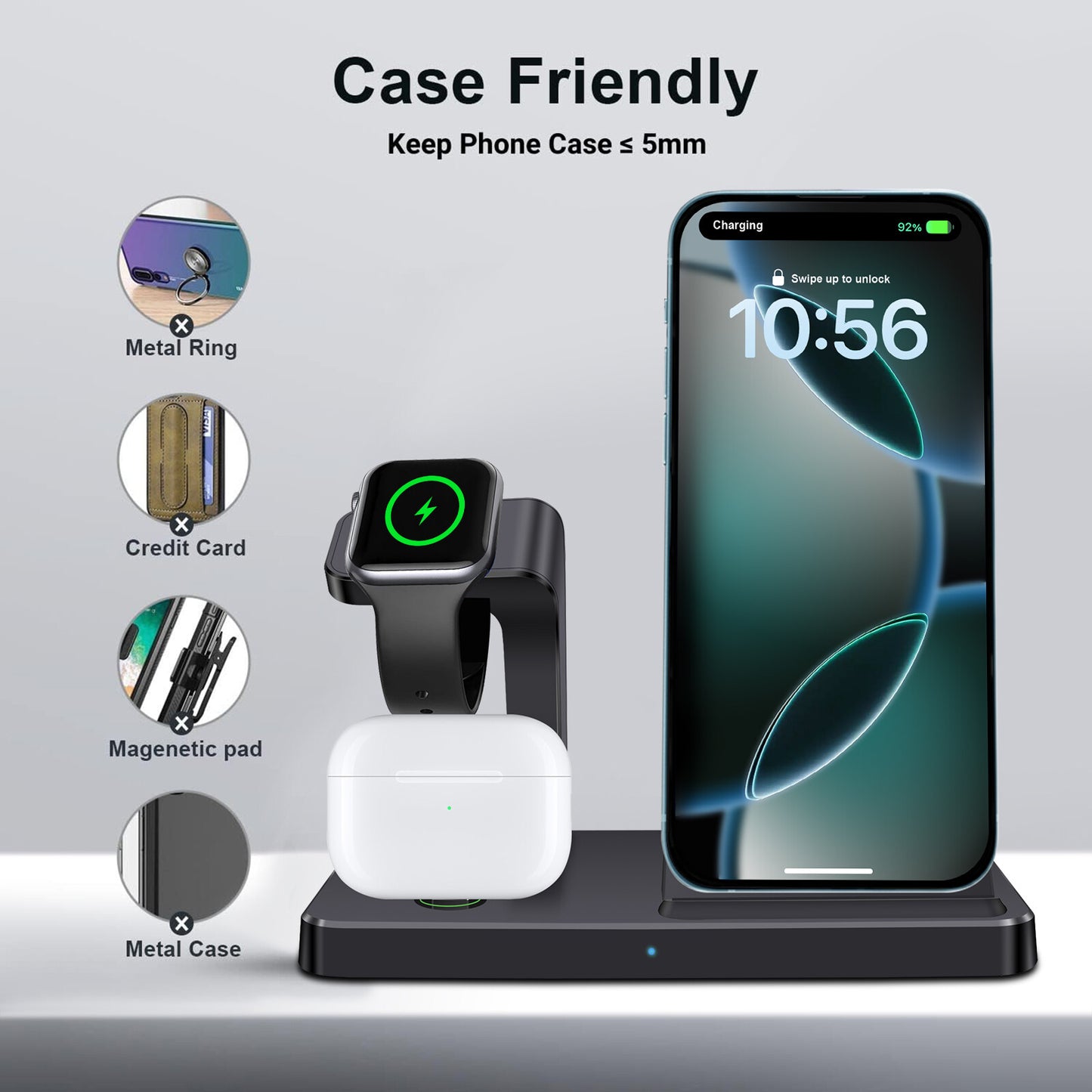 3In1 15W Fast Wireless Charger Dock Station for Apple Watch 11 10 9 Iphone 17 16