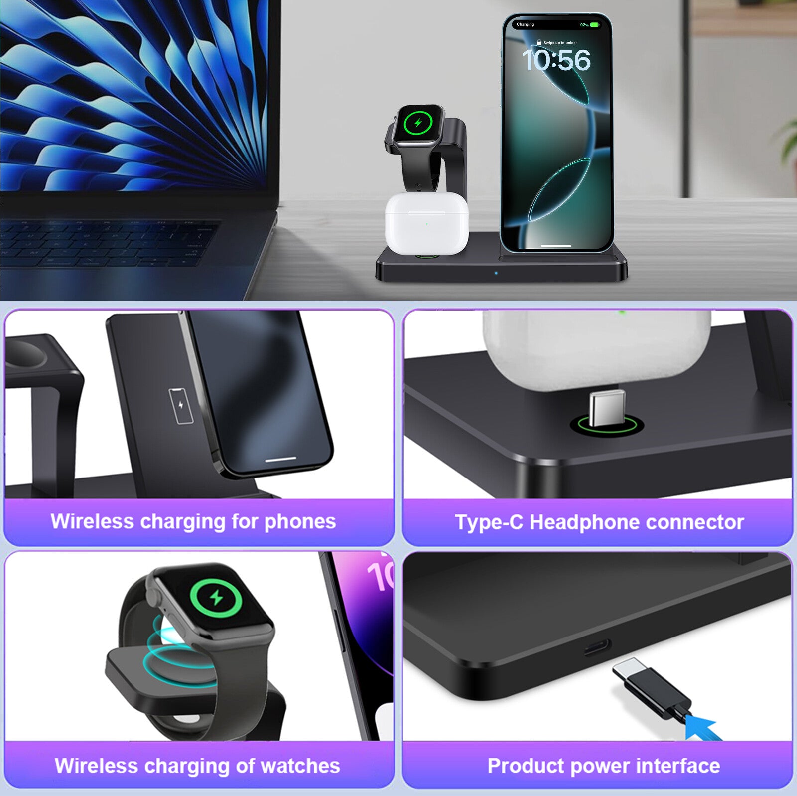 3In1 15W Fast Wireless Charger Dock Station for Apple Watch 11 10 9 Iphone 17 16