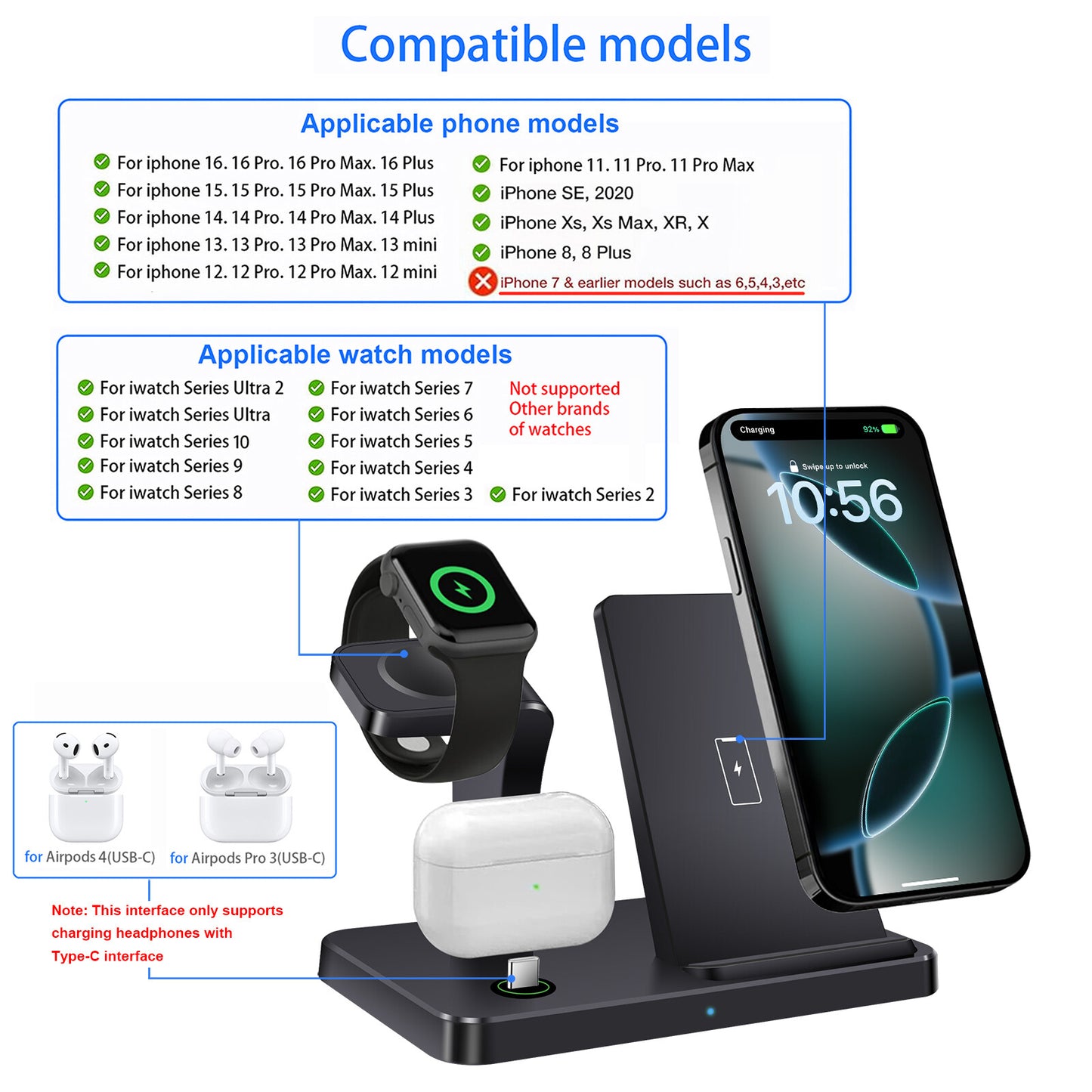 3In1 15W Fast Wireless Charger Dock Station for Apple Watch 11 10 9 Iphone 17 16