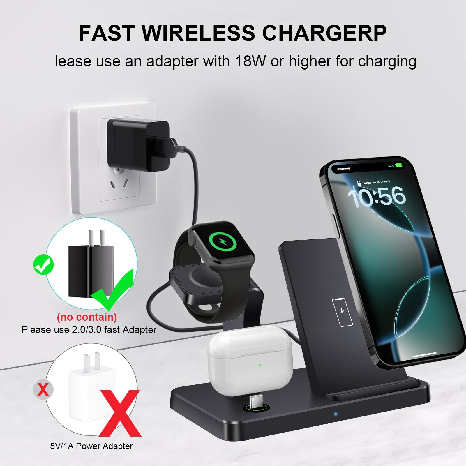 3In1 15W Fast Wireless Charger Dock Station for Apple Watch 11 10 9 Iphone 17 16